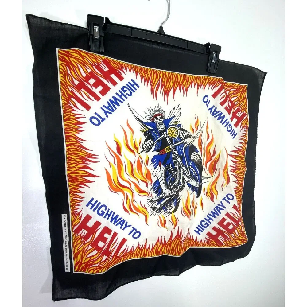 Vintage 80s Biker Skull Bandana USA Made Rocker Metalhead Highway To Hell Scarf
